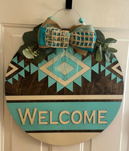 Load image into Gallery viewer, Everyday Door Hanger – “Welcome” Boho Turquoise Southwest (20")