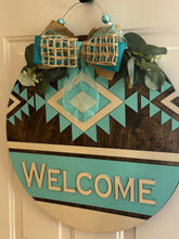 Load image into Gallery viewer, Everyday Door Hanger – “Welcome” Boho Turquoise Southwest (20")