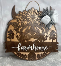 Load image into Gallery viewer, Highland Cow Door Hanger – Daisy Cow “Farmhouse” (20")
