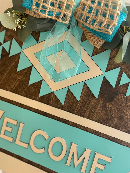 Boho Turquoise Southwest Door Hanger – “Welcome” (20")
